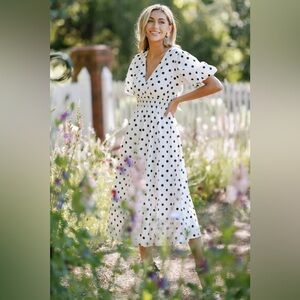 DOTTED DELIGHT WHITE & BLACK POLKA DOT MIDI DRESS